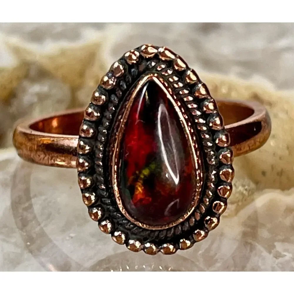 Southwestern Copper Aurora Opal Teardrop Ring Handmade Adjustable Size NEW